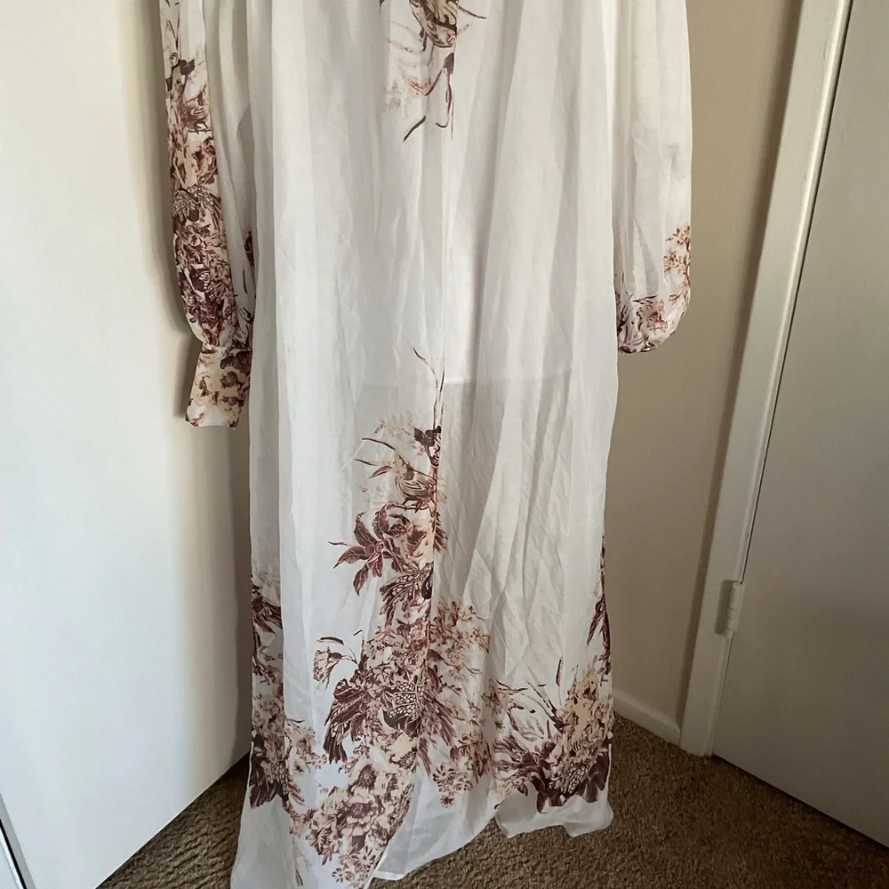 Itoo Italy Floral Maxi Shirt Dress Sheer Long Sleeve Belted Size Large - Picture 11 of 11